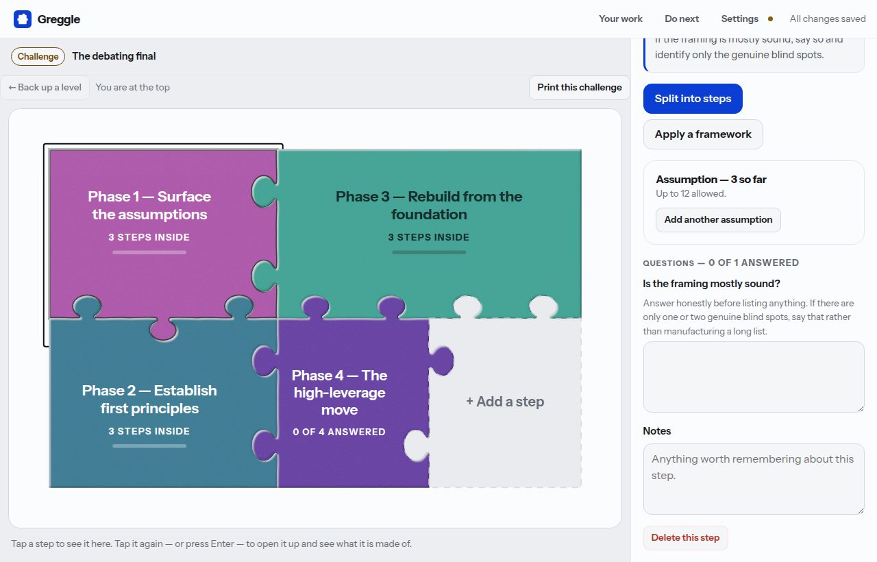 The debating final, at the top: four phases, with the assumptions filled in underneath phase 1